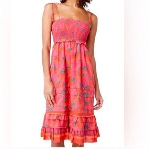FARM Rio Red Pepper Ruffled Smocked Midi Sundress
